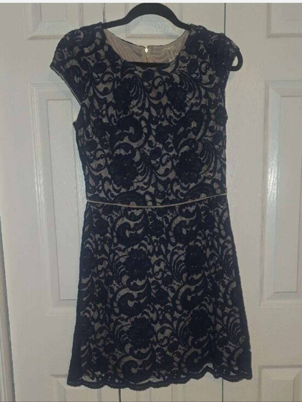 Pink Owl Navy Lace Dress with Nude Lining and Cap Sleeves
